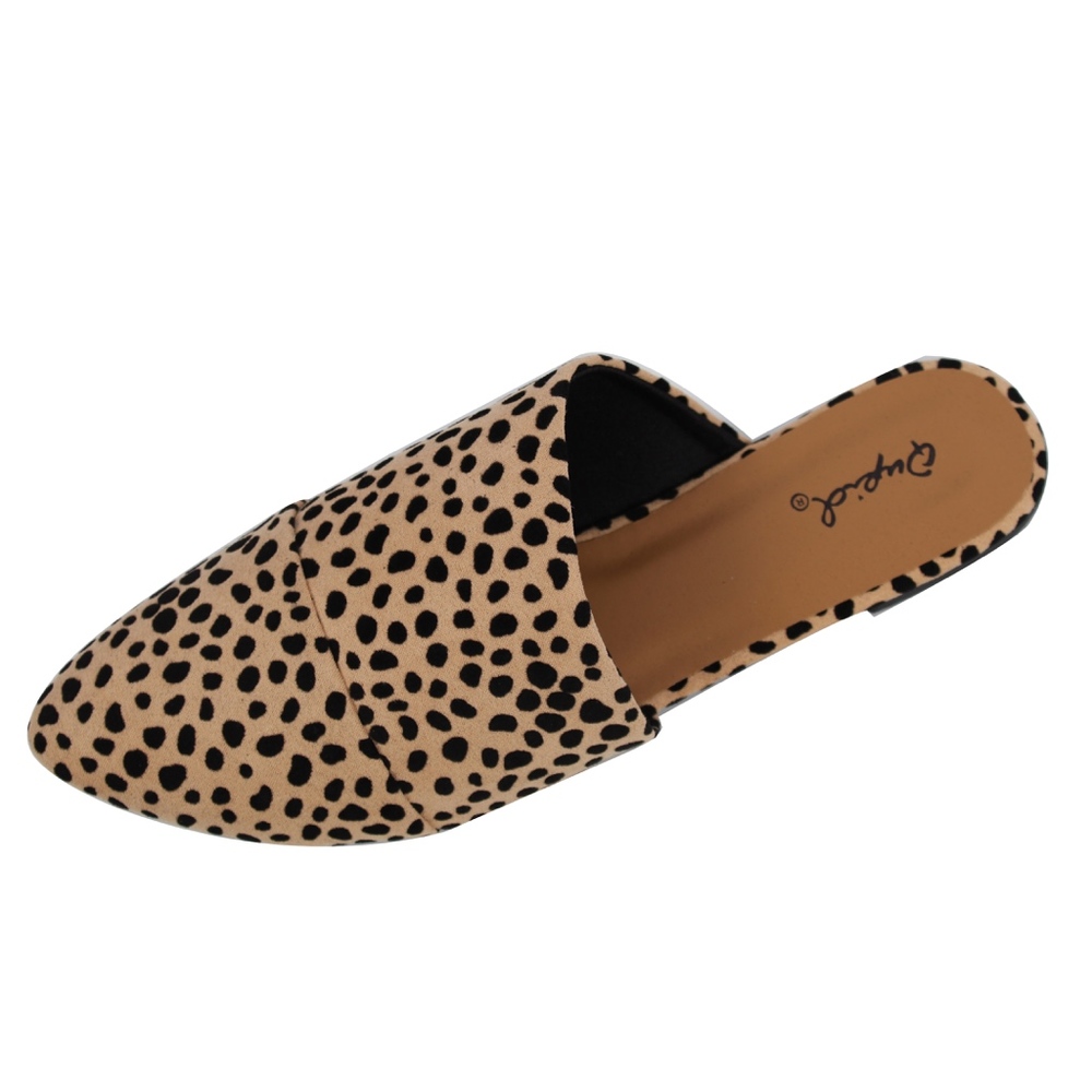 Tan Leopard pointy toe slip on mules flat - Picture 3 of 8